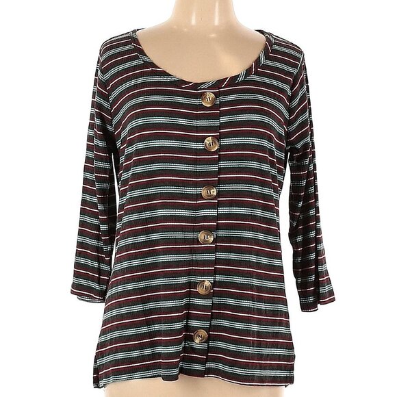 French Laundry Striped Print Gray with Buttons 3/4 Sleeve Top in Size Large - Picture 1 of 4